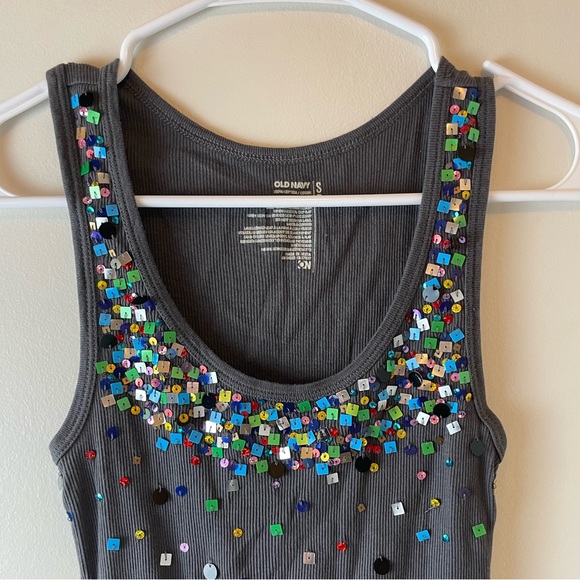 Grey Old Navy Ribbed Tank Top With Half Bib of Multicolour Sequins, Size S - Picture 2 of 5